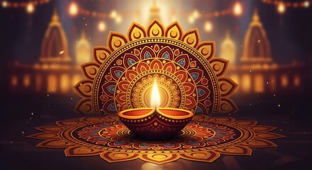 Ornate diya illuminated by candlelight amidst festive temple lights