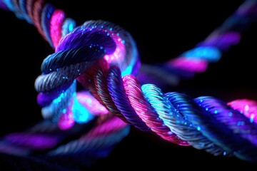 Abstract rope knot glowing with vibrant pink and blue hues, creating a mesmerizing visual effect against a stark black background.