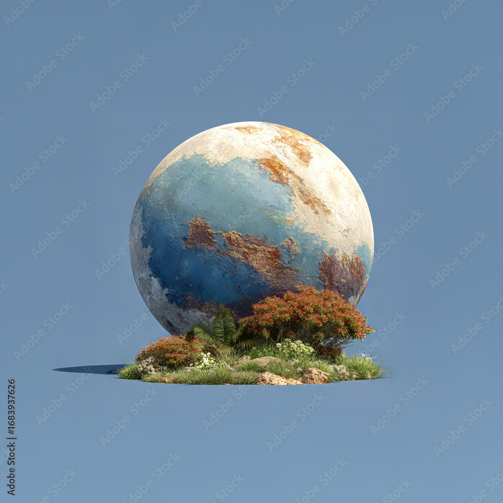 Poster exploring a vibrant scifi planet surrounded by lush greenery and unique formations in a vast cosmic 
