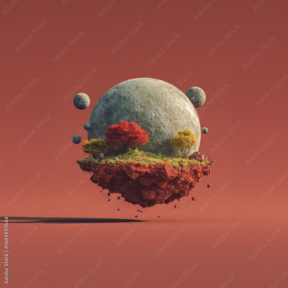 Poster floating planet surrounded by vibrant trees and celestial bodies in a surreal space environment