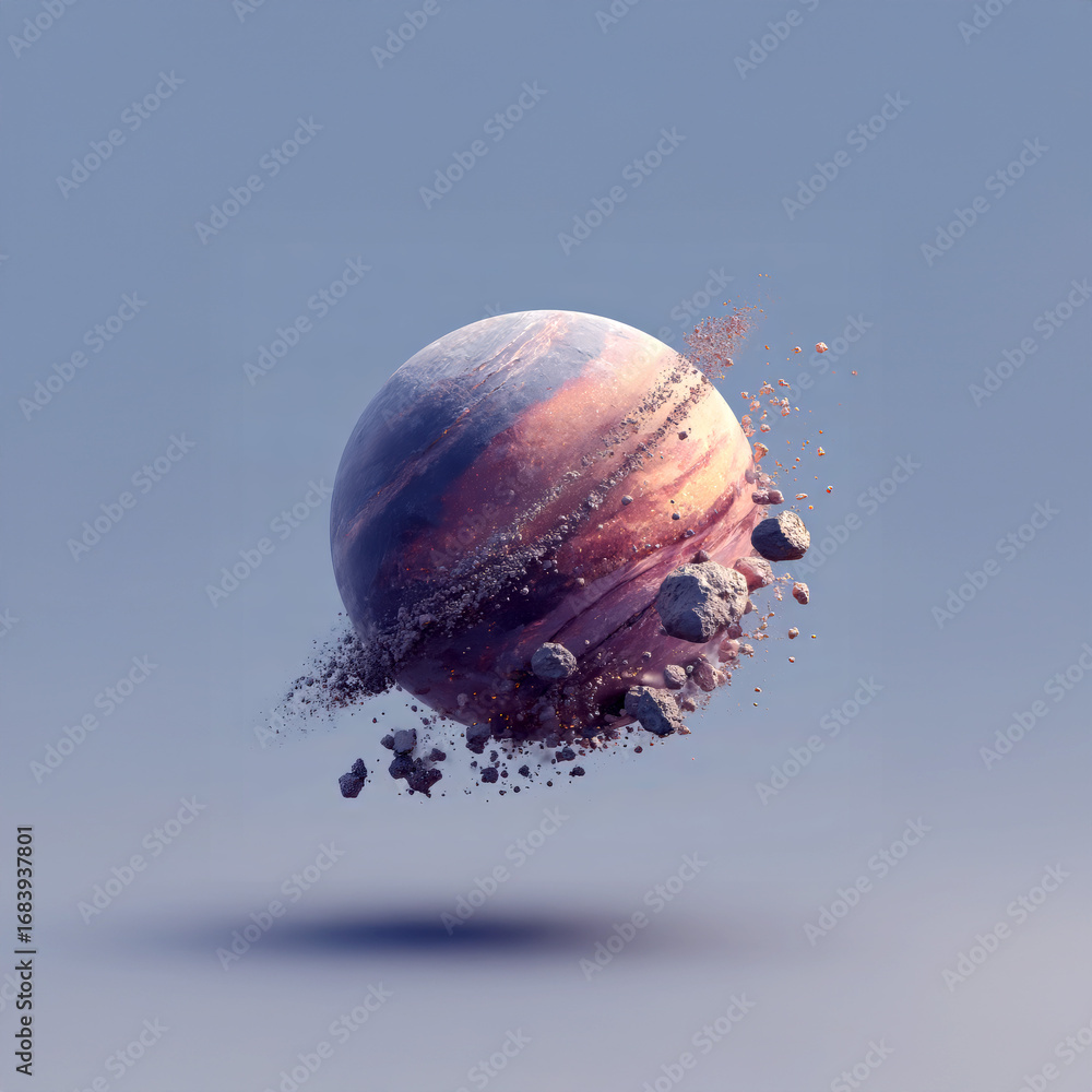 Poster floating scifi planet surrounded by asteroids in a vibrant cosmic setting