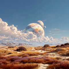 Vast alien landscape with multiple planets in bright blue sky and dramatic clouds