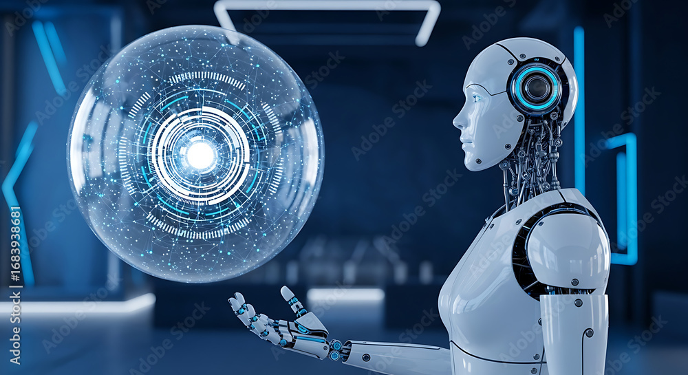 Poster futuristic robot holding a glowing sphere with digital interface in a modern environment ai generate