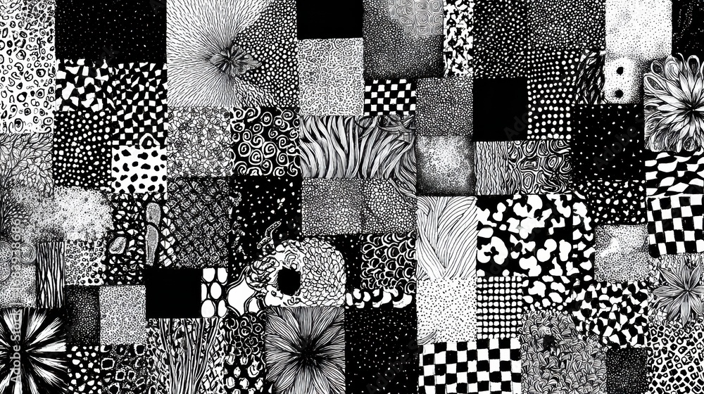 Poster diverse array of intricate patterns and textures in black and white fills the canvas, reflecting a m