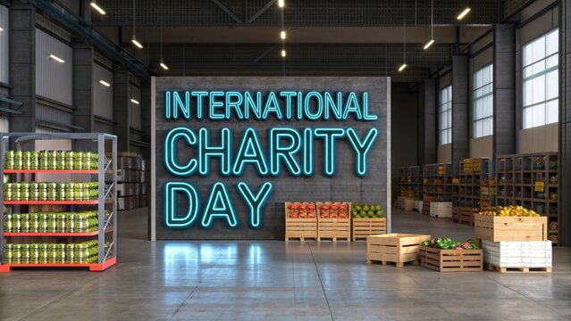 Celebrate International Charity Day with abundant food donations in a well-stocked warehouse setting - Powered by Adobe