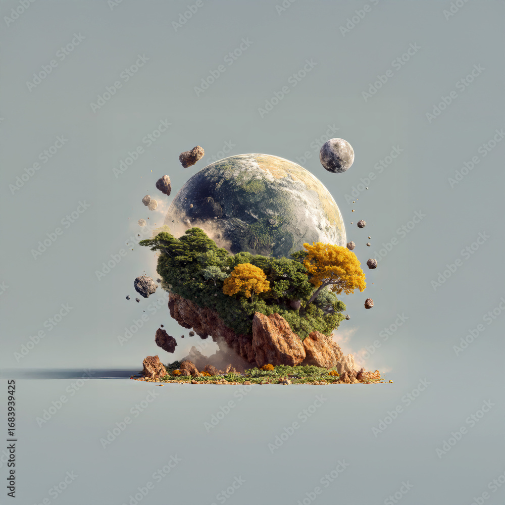 Poster floating earth surrounded by cosmic elements and asteroids in a futuristic space setting