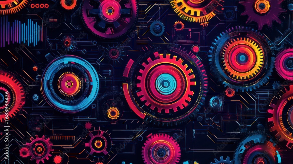 Poster a vibrant digital rendering showcasing intricate gears, circuits, and colorful mechanical elements