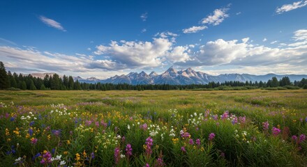 Wildflower Meadow with Mountain Range and Pine Forest under Blue Sky and Clouds