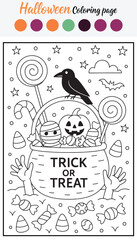 Spooky Halloween Coloring Page with Candy Basket Crow and Hands Reaching for Treats a Festive Activity for Children