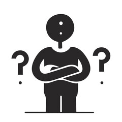 "Confused Human Icon – Minimalist Silhouette with Question Marks – Symbolizing Uncertainty, Decision-Making, and Thoughtful Inquiry – Black and White Vector for Editorial Use, UI/UX Feedback, Conceptu