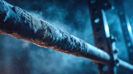 Dead hang endurance pull up bar chalk dust grip strength training energizing scene with moody light and texture