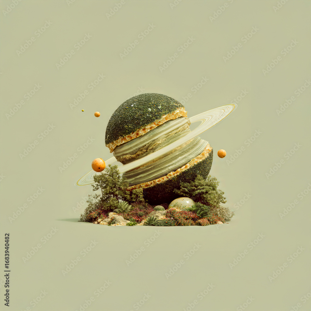 Poster intriguing sci-fi planetary landscape with rings and surrounding celestial bodies in a surreal setti