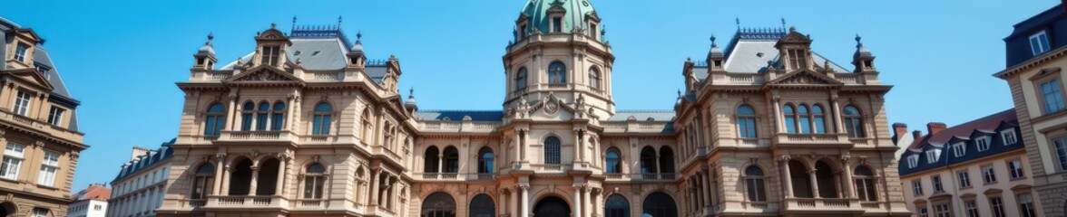 Fototapeta premium A historic Lille stock exchange building, showcasing intricate architectural details and aged stonework. The grand facade and weathered textures offer a glimps, aged, landmark