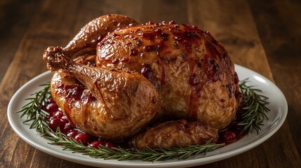 Roasted turkey with cranberry glaze on a platter surrounded by fresh herbs