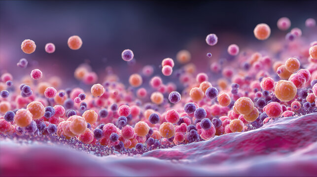 Colorful microbiome spheres, gut bacteria flora, immune IgA coating, antibody defense, probiotic balance, vibrant cells, pink purple gradient