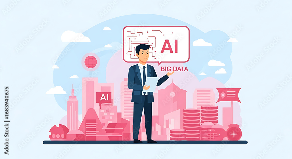 Poster man presenting ai and big data concepts in a stylized cityscape with data and technology elements ar