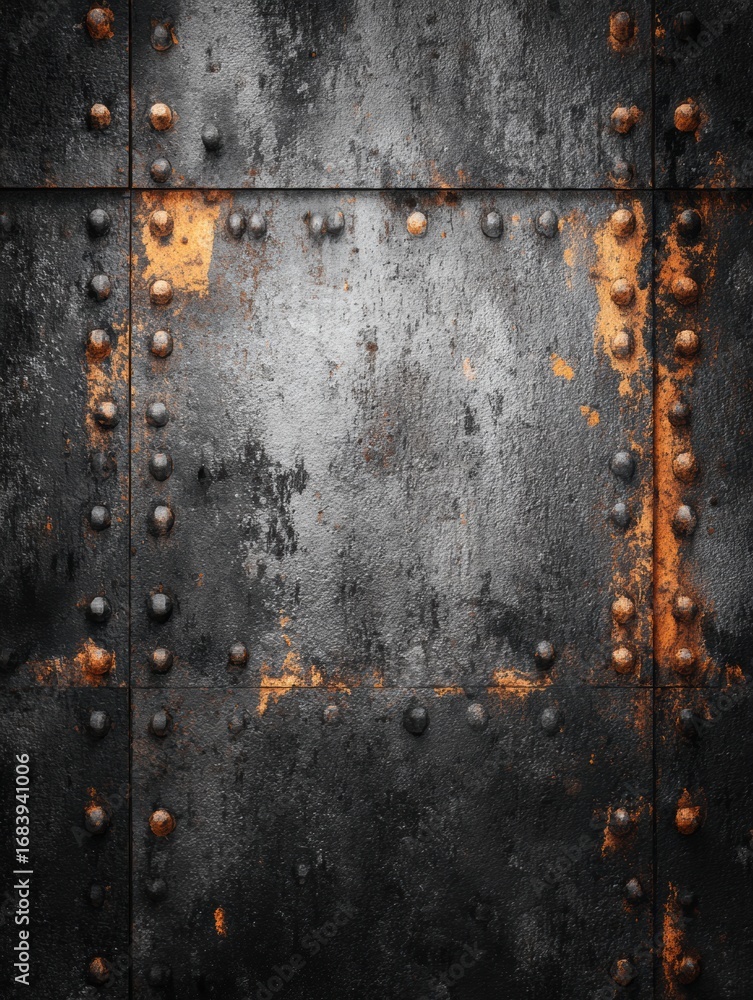 Poster weathered metal surface with rust spots and bold rivets creates an intriguing texture, reflecting an