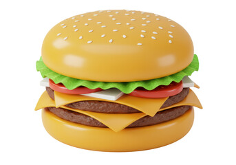 Isolated Double Cheeseburger with Lettuce, Tomato, Cheese, and Sesame Bun, Fresh Burger