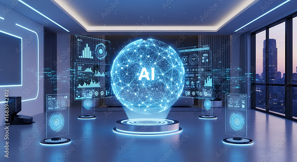 Poster artificial intelligence sphere surrounded by screens in a futuristic room with city views ai generat