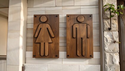 Wooden restroom signs on a wall