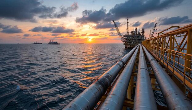 Industrial pipelines lead to offshore oil, gas platfrm at sunset. Large oil ri in ocean with crane, pipe. Vast sea with small boat scattered throughout
