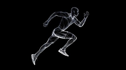 Fototapeta premium Dynamic runner illustration showcases speed and motion with a glowing, wired aesthetic against a stark black background.