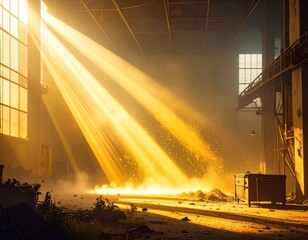 Golden Sunlight Streaming into an Abandoned Industrial Factory Warehouse Interior