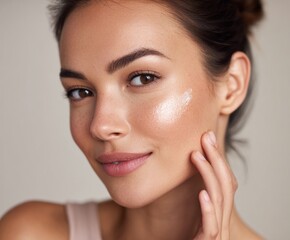 Obraz premium Close-up portrait of a woman with radiant skin, showcasing a light glow and subtle makeup application.