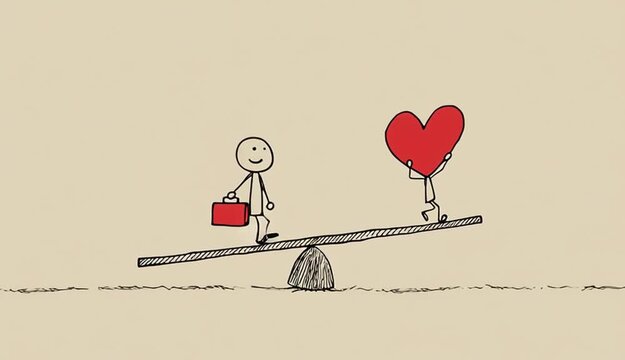 Balancing a briefcase and heart, a stick figure shows the need to manage work responsibilities alongside emotional and personal life.
