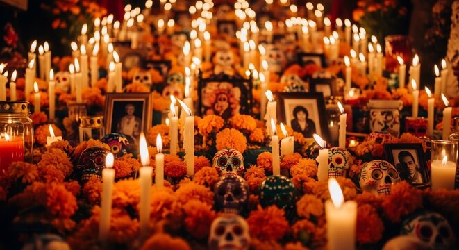Day of the Dead ofrenda with candles, flowers, sugar skulls and photos. Traditional Día de Muertos altar perfect for Mexican holiday designs and cultural events.