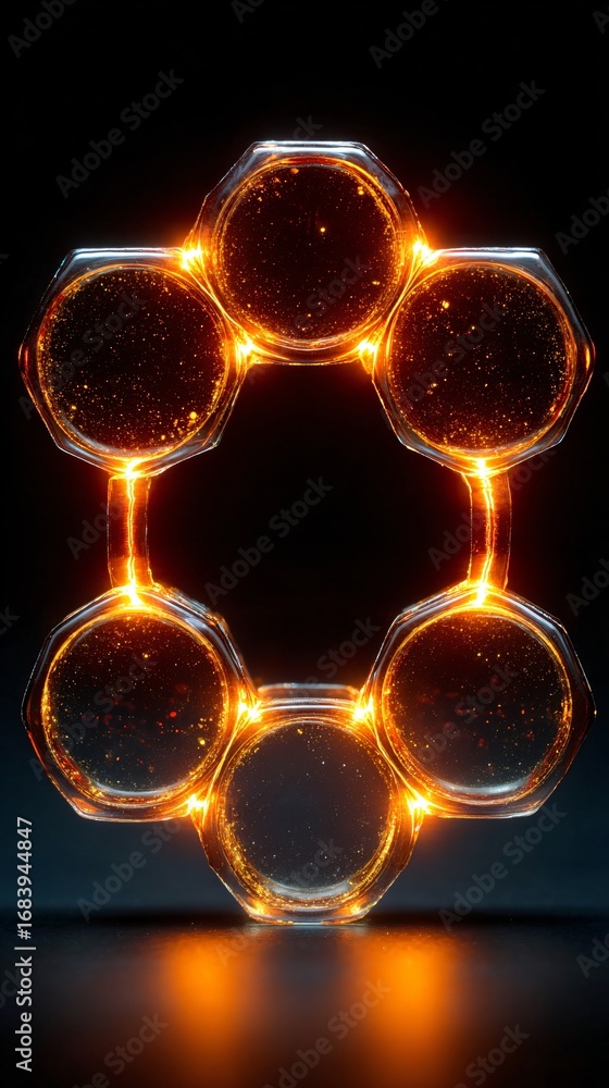 Poster abstract glowing orange hexagonal structure with sparkling particles on a dark background, represent