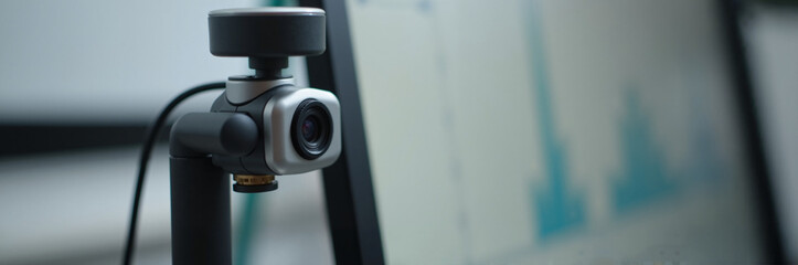 High-quality webcam on adjustable stand attached to computer monitor. Modern webcam features compact design and superior image quality.