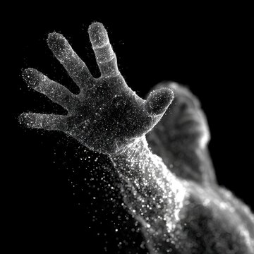 Digital body reaching out, a human figure materialized from interconnected data points, representing the fusion of technology and humanity.