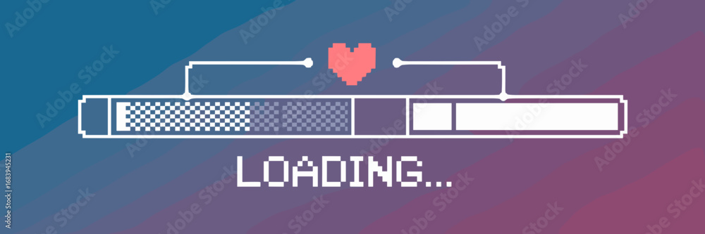 Poster retro pixel loading bar with progress hud and pixel heart elements