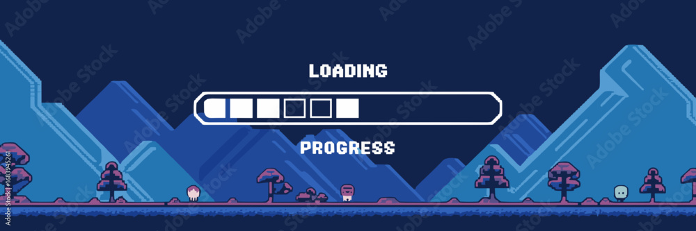 Fototapete pixel landscape with loading bar progress hud and characters on path