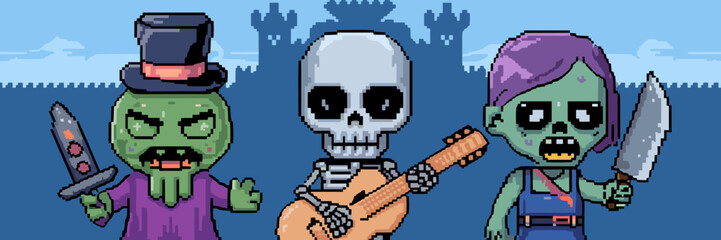 Game scene with chibi slime skeleton and zombie holding weapons