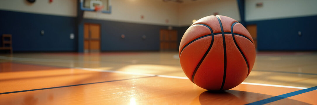 School sport basketball on hardwood court floor. Single basketball in gym, ready for game, practice, or training session. This school sport image is perfect for back to school campaign.