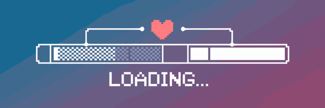 Retro pixel loading bar with progress HUD and pixel heart elements