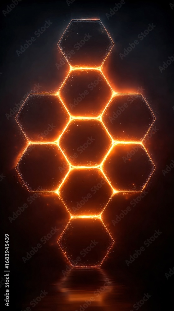 Poster A symmetrical arrangement of glowing orange hexagonal shapes with shimmering particles, creating a futuristic and energetic digital pattern