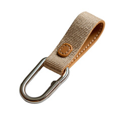 Beige fabric loop keychain with stitched leather detail and shiny metallic carabiner hook, designed for secure attachment and stylish everyday use