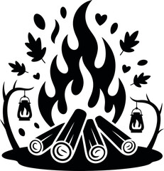 Campfire with leaves isolated on white background.