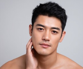 Naklejka premium Close-up portrait of a man with smooth, healthy-looking skin, showcasing a refined and sophisticated aesthetic.