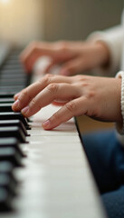 Obraz premium Child hands playing piano keyboard. Small hands learning musical instrument. Closeup of fingers pressing piano keys. Perfect image for back to school campaign promoting music education.