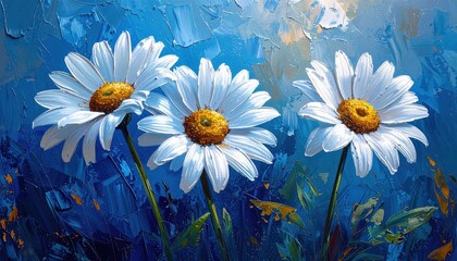 Oil painting of daisies with vivid brushstrokes on textured canvas representing nature art joy of summer and symbolism of purity growth and delicate resilience