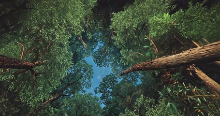 Capturing dense tree canopy swaying gently in breeze in forest view, with sun dappling sky patch - Powered by Adobe