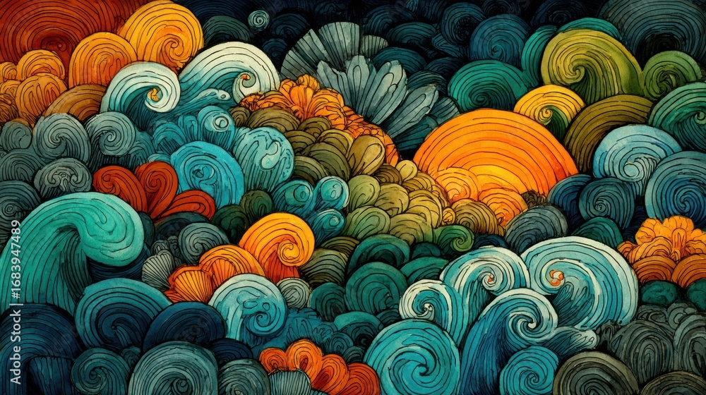 Poster dynamic curves and colorful swirls form a captivating visual representation of ocean waves, showcasi