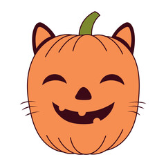 Halloween pumpkin, jack o lantern with carved face with cat ears, isolated on transparent. Hand drawn line vector illustration. Funny cartoon character. Traditional holiday design element, clip art