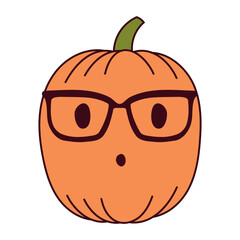 Halloween pumpkin, jack o lantern with carved face wearing glasses, isolated on transparent. Hand drawn line vector illustration. Funny cartoon character. Traditional holiday design element, clip art
