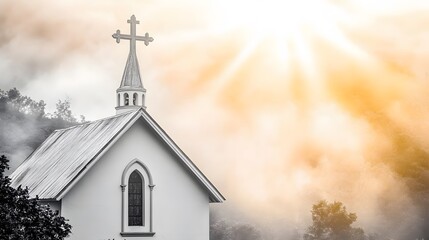 Fototapeta premium Serene Church Steeple Cross Sunrise Mist