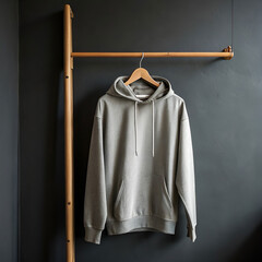 grey hoodie hanging on wooden hanger against dark
